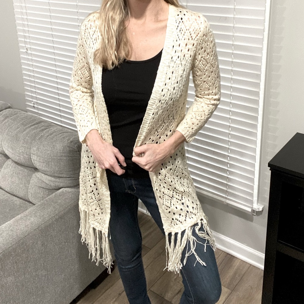 ANTHRO Fringe Boho Crochet Vintage Inspired Cardigan Cream Layering Knit
